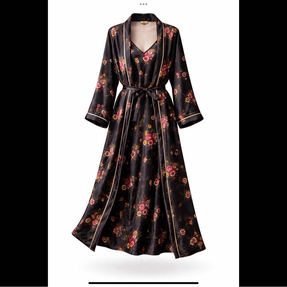 Vintage 90s Natori Floral Satin Sleep Set Robe + Slip Romantic Lingerie M